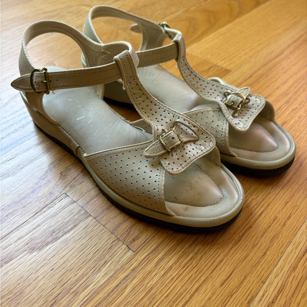 Revolution Beige T-Strap Perforated Buckle Sandals